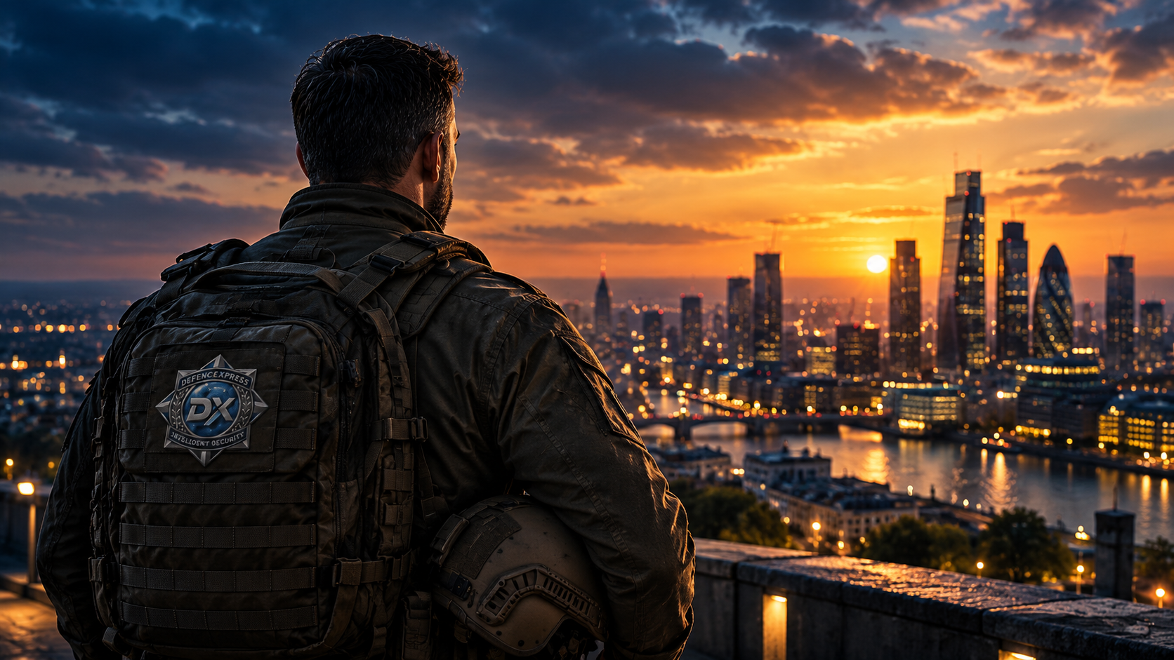 Veteran looking across a city skyline
