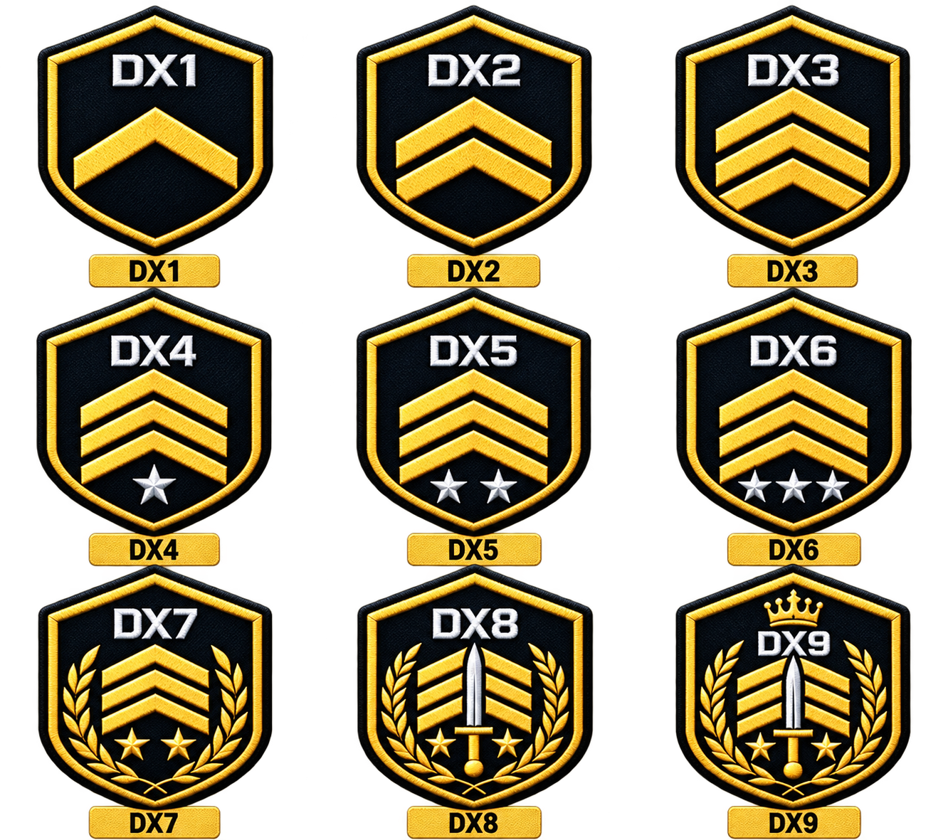 DefenceXpress DX1 to DX9 rank patch system on transparent background